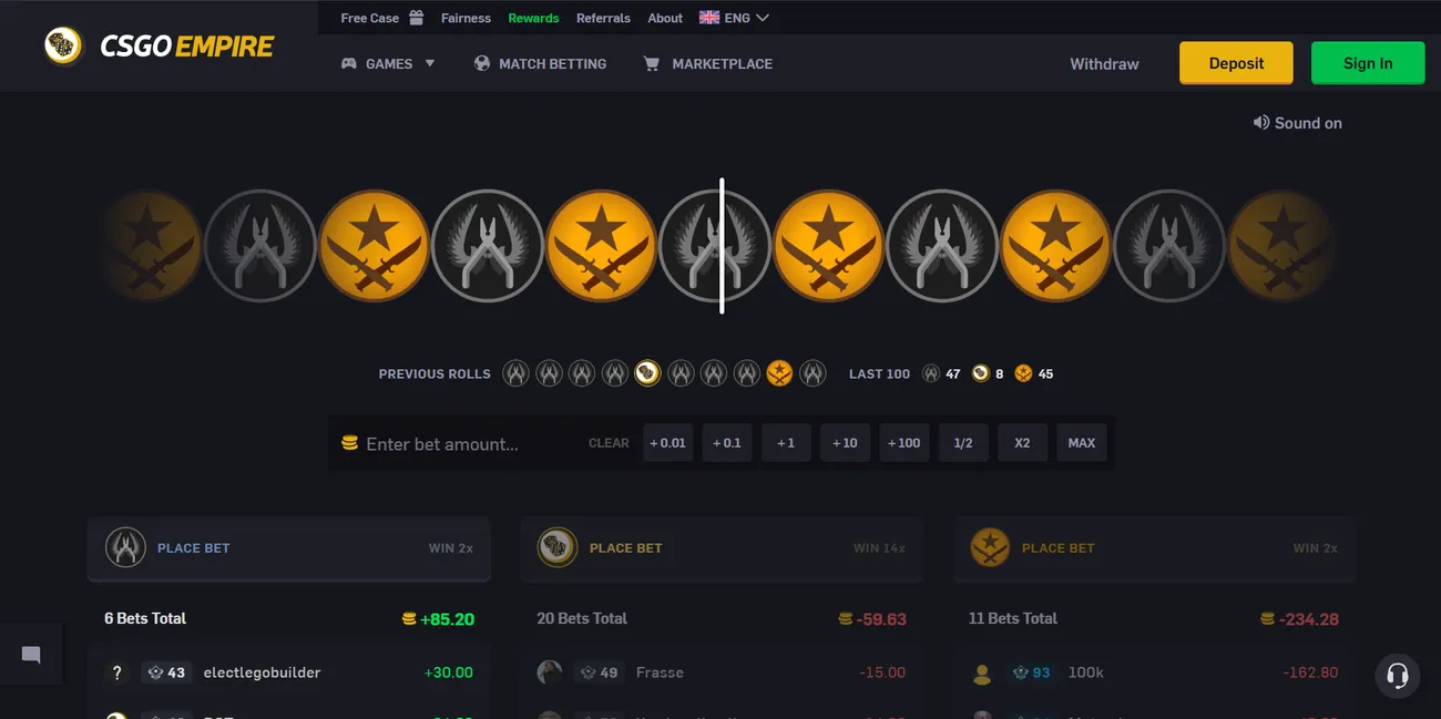 The CSGOEmpire front page with the roulette wheel, the top menu with Free Case, Fairness and Rewards, and the Deposit and Sign In buttons