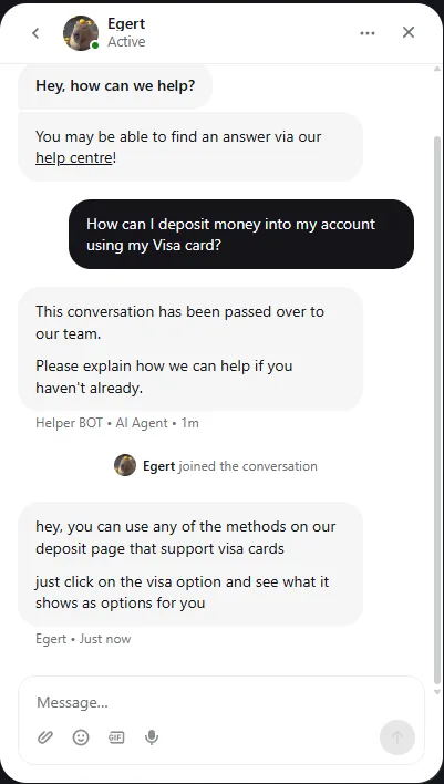 The CSGOEmpire live chat where a bot hands over to an agent who explains the Visa deposit