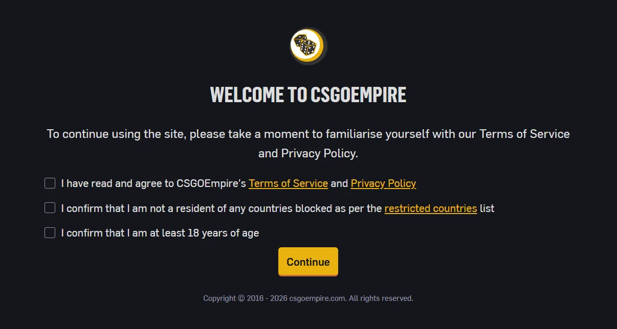 The CSGOEmpire welcome screen with checkboxes for Terms of Service, restricted countries and age 18