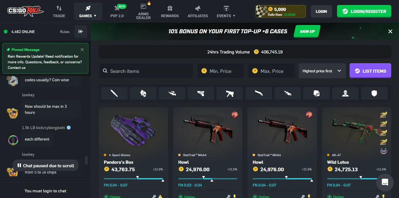 CSGORoll main page showing the P2P skin market with a 10% first top-up banner