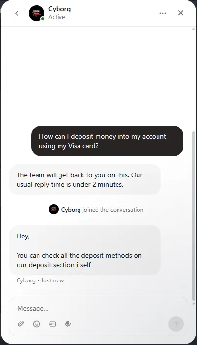 CSGORoll live chat where an agent answers a Visa deposit question