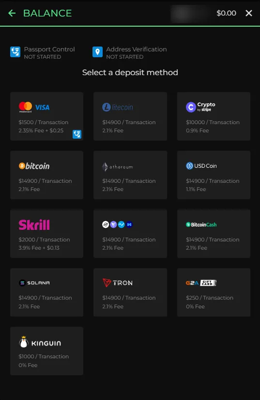 Deposit method panel listing cards, Skrill, several crypto coins and gift cards, each with a per-transaction cap and a percentage fee