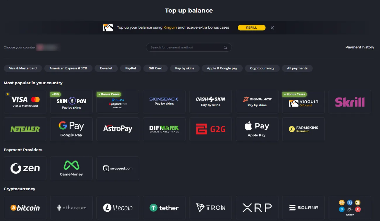 Farmskins top-up page with card, wallet, gift card, skin and crypto tiles