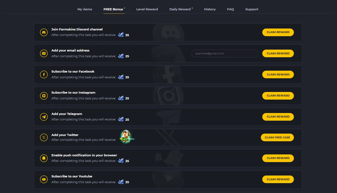 The FREE Bonus tab listing Discord, email, social and push-notification tasks with Crystal rewards