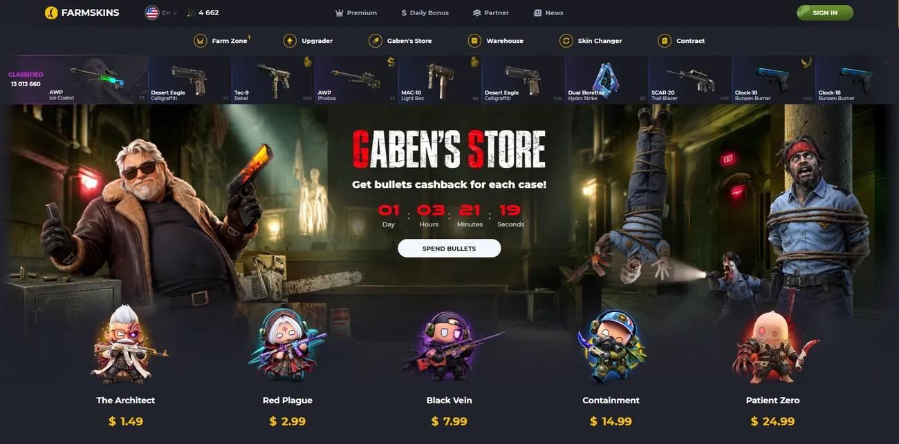 Farmskins front page with the Gaben's Store banner, a cashback-in-Bullets timer and the six menu sections