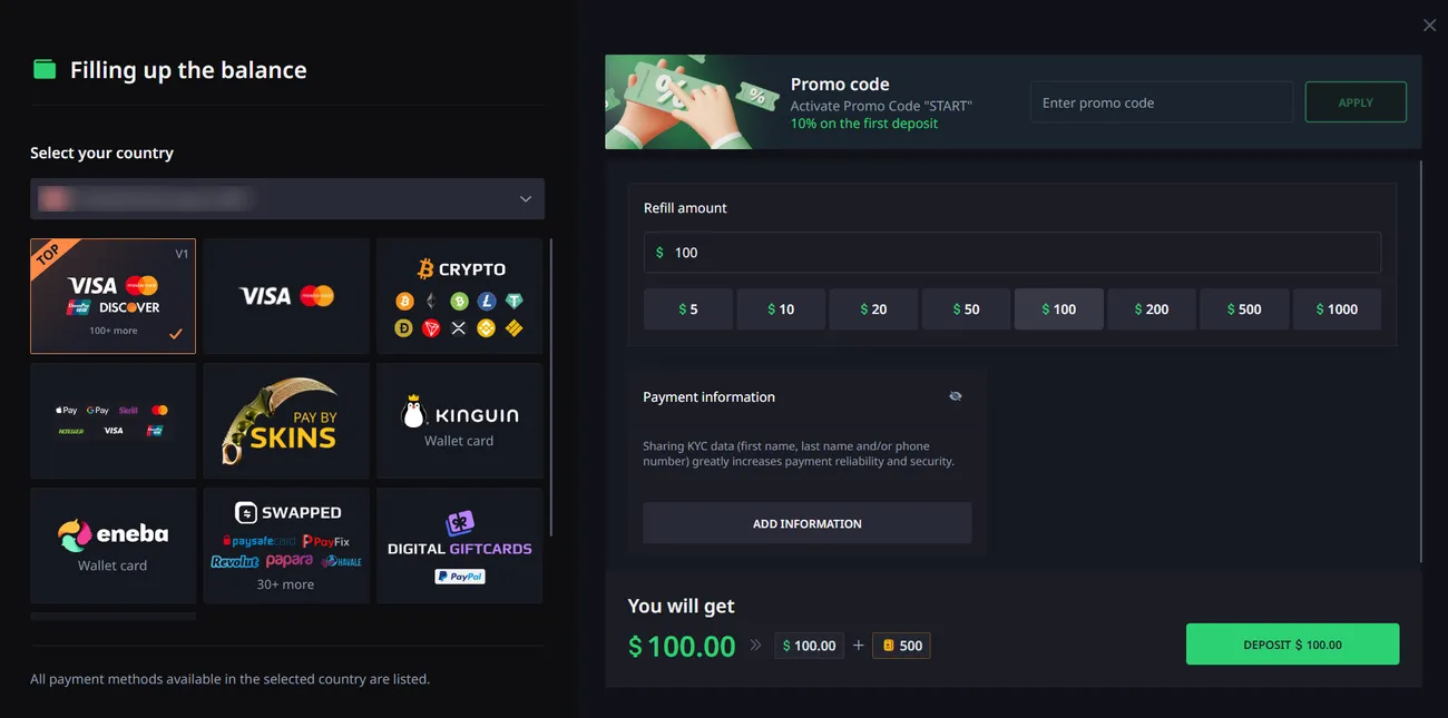 Hellcase deposit window with payment tiles, promo field and refill presets