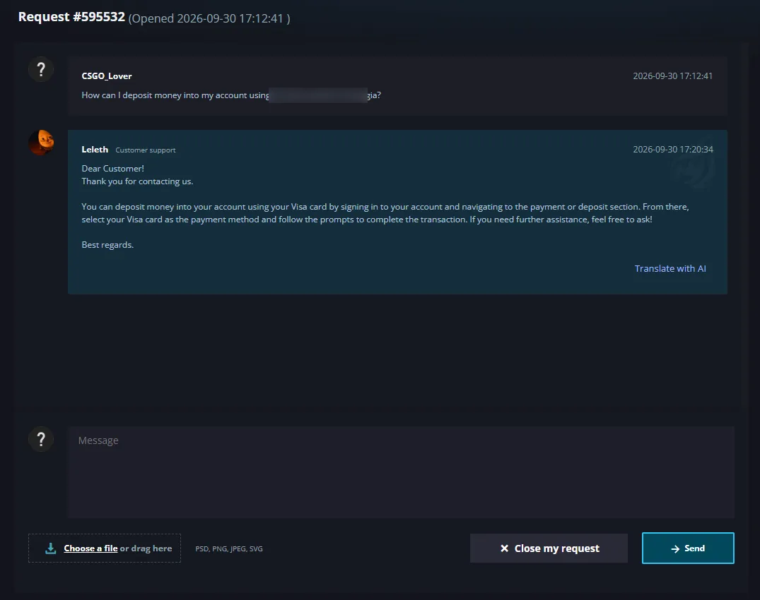 Support ticket in Hellcase showing the question and the reply