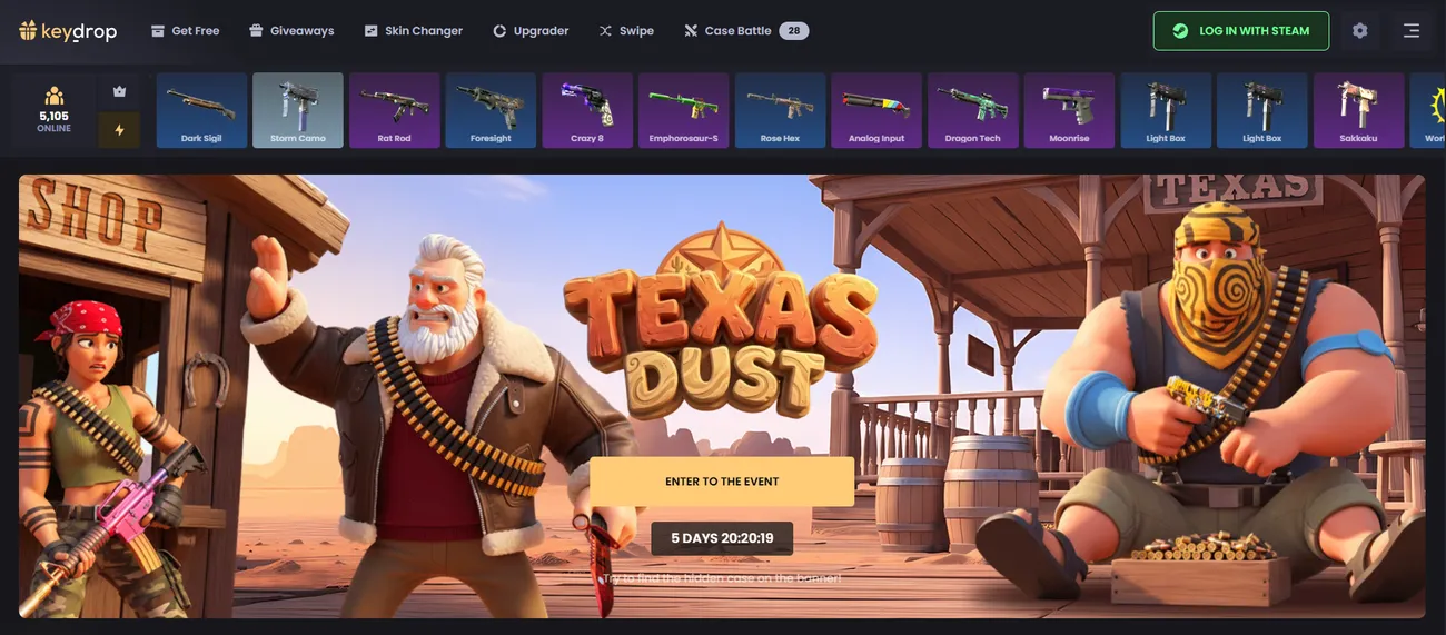 Key-Drop home page with the event banner, the mode menu and the Log in with Steam button