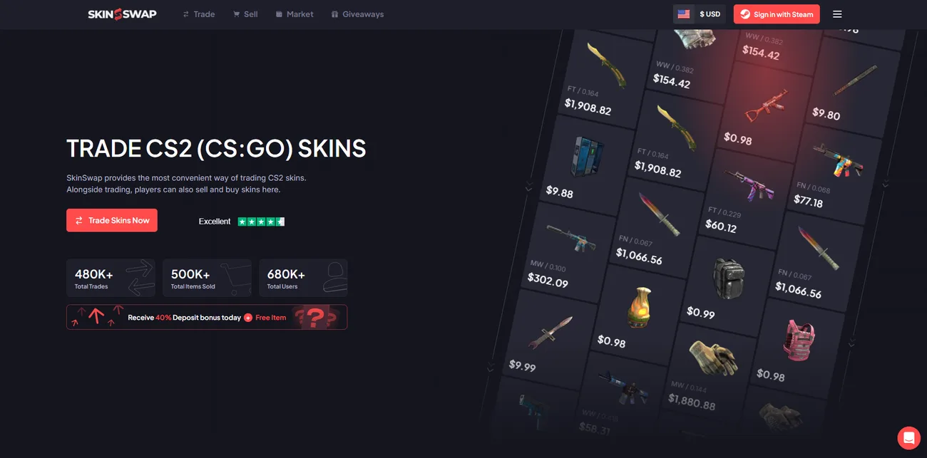 SkinSwap home page with the trade headline, activity counters and the 40% deposit bonus strip