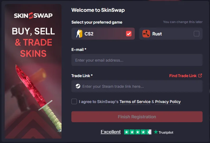 SkinSwap registration form with CS2 and Rust game choice, email and trade link fields