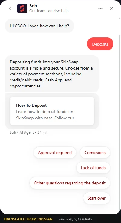 SkinSwap live chat where an AI agent answers a deposit question with quick-reply buttons