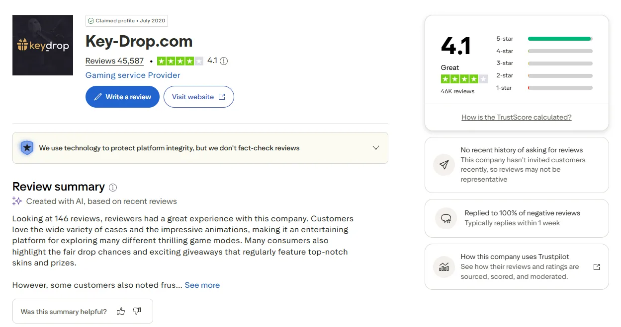 Trustpilot profile for Key-Drop with the 4.1 score, the claimed-profile label and the AI review summary