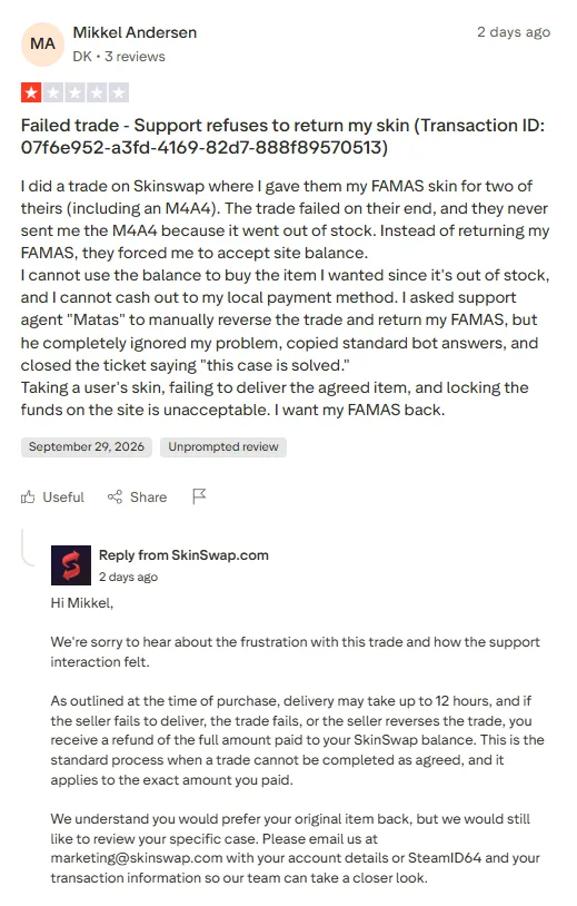 Trustpilot one-star review about a failed trade with the SkinSwap company reply underneath