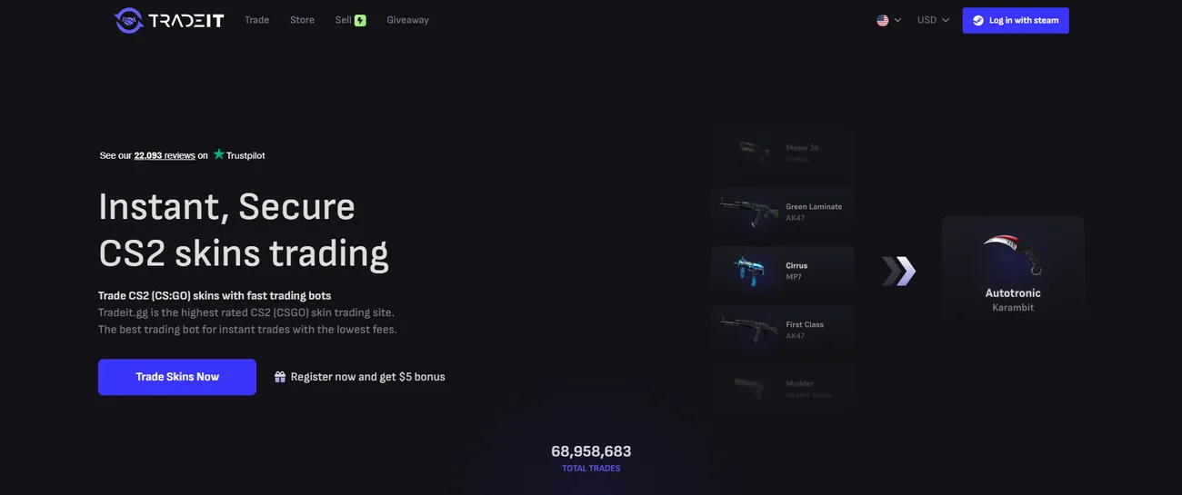 Tradeit home page with the Instant, Secure CS2 skins trading headline, a Trustpilot line and a Steam sign-in button