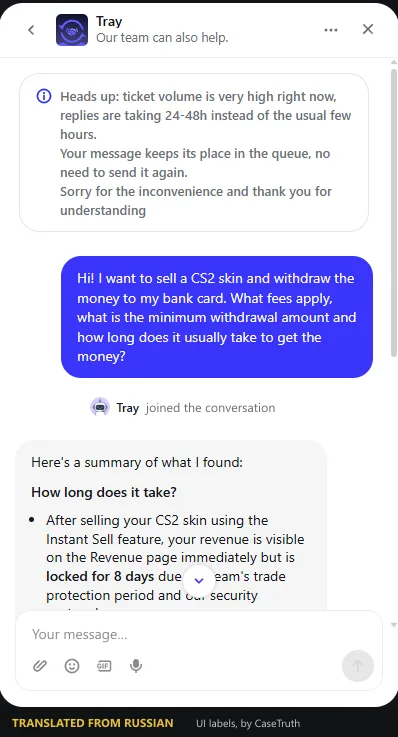 Tradeit support chat with a banner about 24-48 hour replies and an assistant message about funds being locked for 8 days